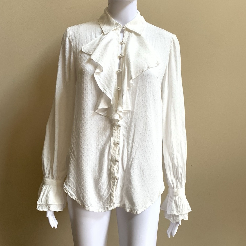 Anthropologie Ruffled Button Up Blouse Womens XS White Pearl Buttons 100%Viscose